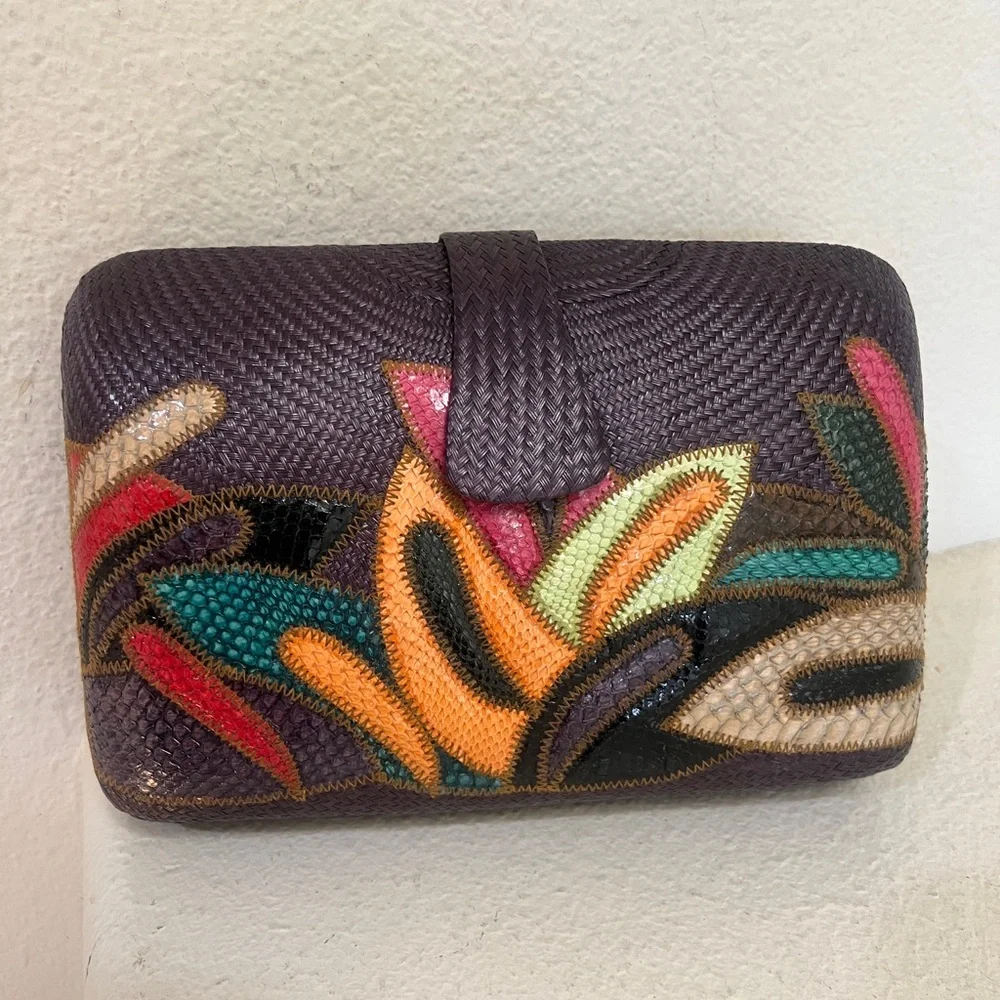Straw Woven Purple Multicolored Cross Body Bag‎ PURSE Pouch Clutch